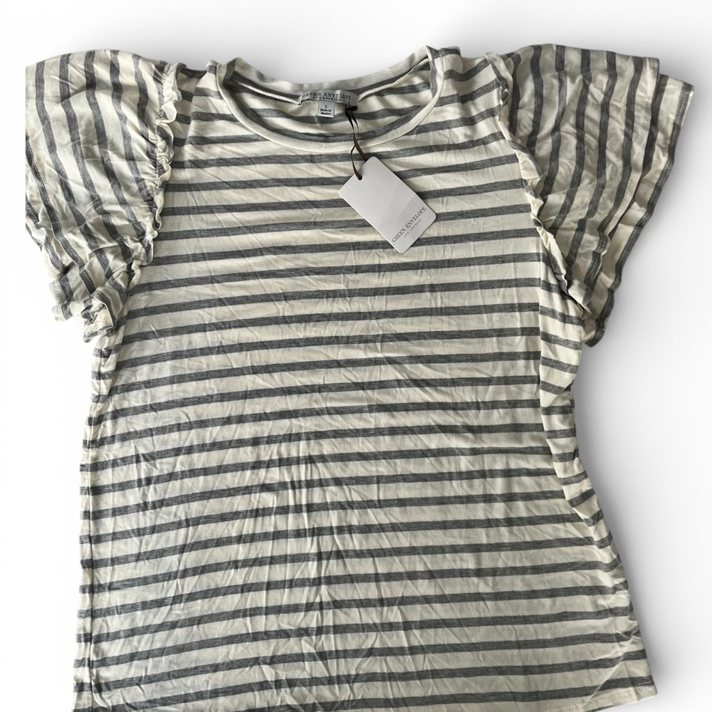 Green Envelope Striped Ruffle Sleeve Tee